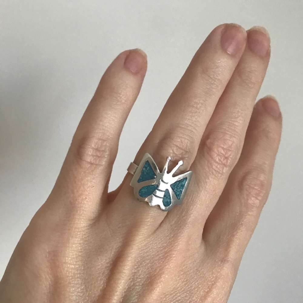 TAXCO Turquoise Butterfly 🦋 Sterling Silver Ring - Picture 2 of 5